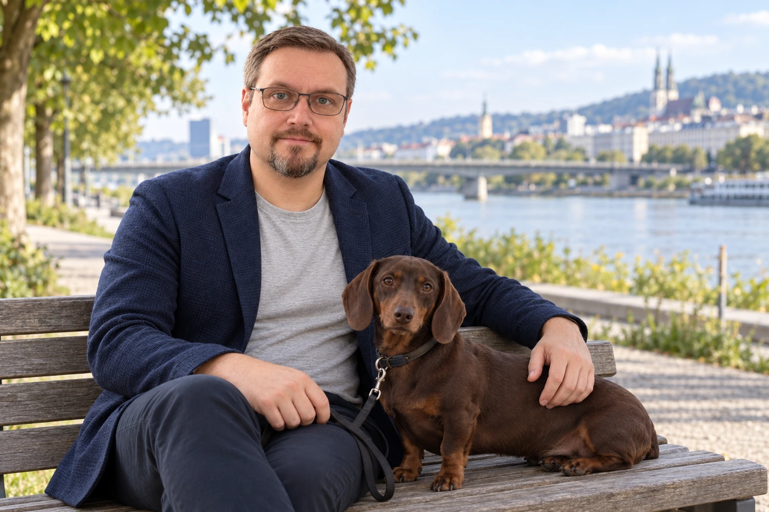 Herbert Röblreiter mit seinem dunkelbraunen Kurzhaardackel Kira am Wasser