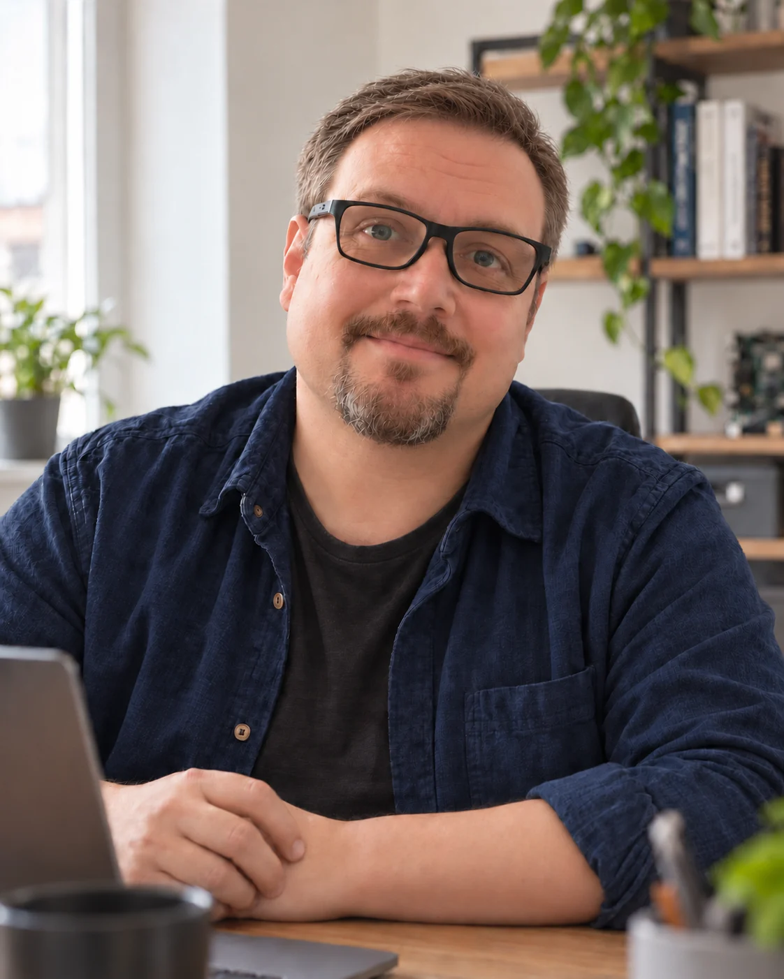Herbert Röblreiter mit gepflegter Frisur, Brille und Kinnbart an seinem Arbeitsplatz